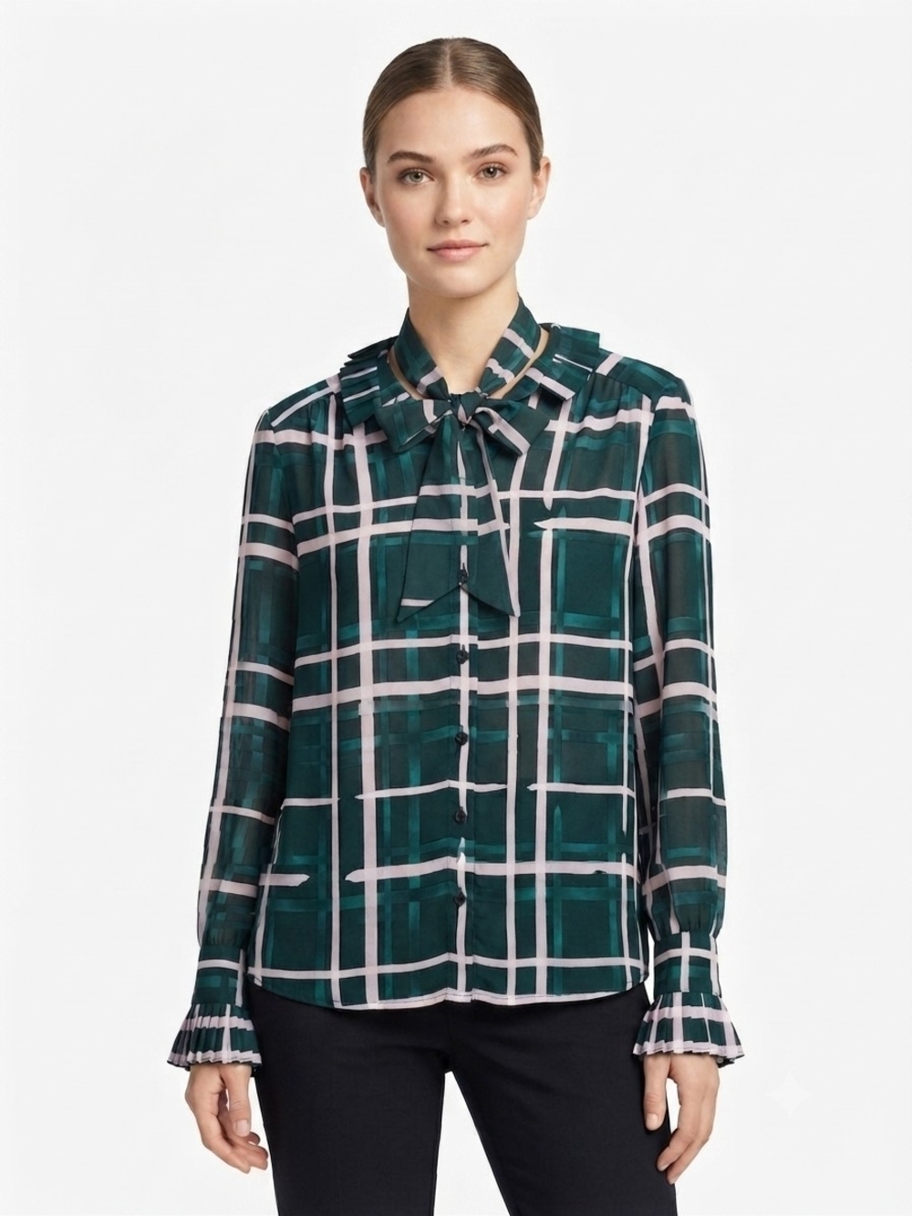 CAbi Emerald Green and Light Pink Plaid Bow-Tie Blouse